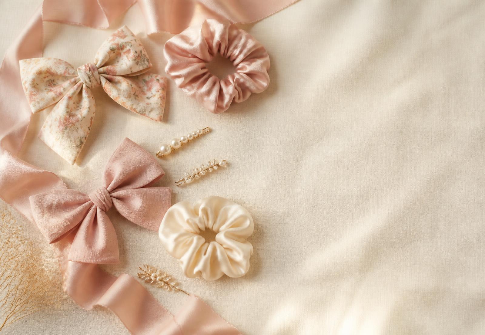 Handmade blush bows, silk scrunchies and pearl pins on cream linen